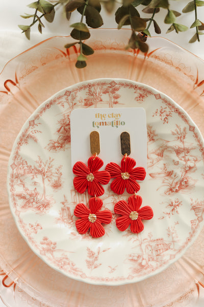 Raspberry Red Floral Statement Earrings