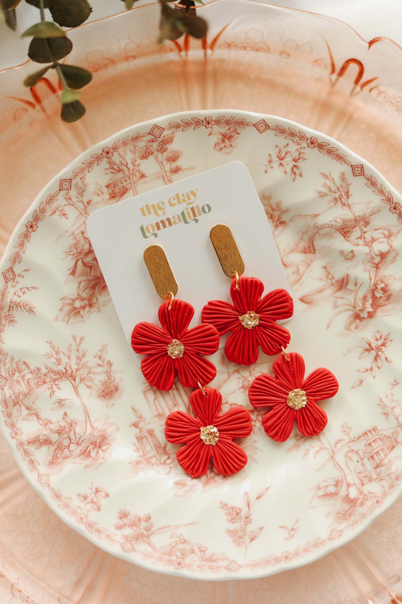 Raspberry Red Floral Statement Earrings