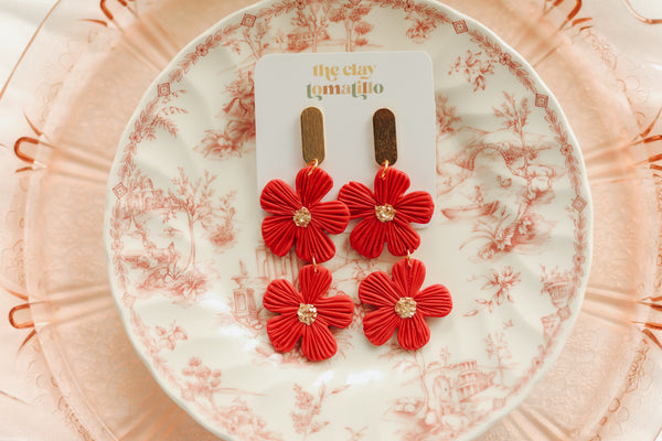 Raspberry Red Floral Statement Earrings